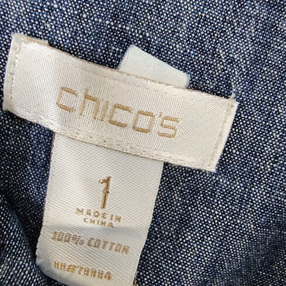Chicos Shirt Womens Size 1 Medium Button Up Chambray Blue 3/4 Sleeves Cotton - Picture 7 of 9